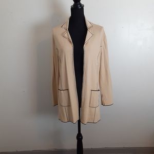 BCBG MaxAzria Open Front Cardigan Pockets Beige Black Trim Collared